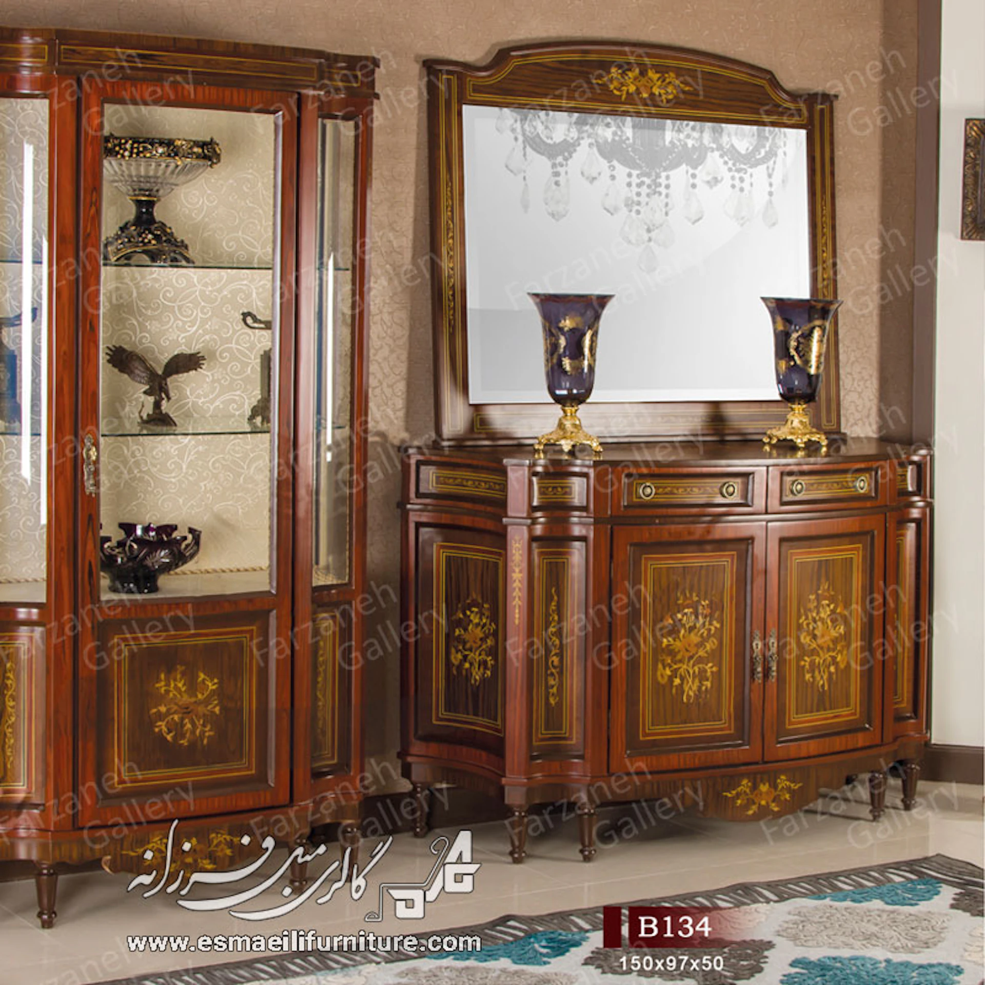 چیدمان کنسول کلاسیک معرق با آینه و گلدانهای قرینه — گالری مبل فرزانه